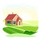 Rural house. In in a fun cartoon flat style. Isolated on white background. Gable red roof. Small cozy suburban cottage