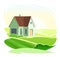 Rural house. Half-turned. In a fun cartoon flat style. Isolated on white background. Gable roof. Small cozy suburban