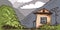 Rural house in mountains, hand drawn illustration, Traditional nepali home in Himalayas