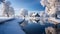 The rural house reflects with beautiful water covered with snow