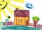 Rural house and smiling sun. childs drawing.