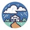 Rural house under storm clouds with rain. Farmhouse in bad weather. Cozy cottage during a downpour vector illustration