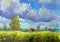 Rural houses with a red roof, large clouds, green trees, grass. Summer rural landscape with acrylic oil canvas.