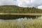 Rural lake landscape, Norway, Olden, green hills seaside. fjord in summer. selective focus