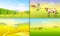 Rural landscape and cows. Farm Agriculture. Vector illustration. Poster with meadow, Countryside, retro village for info