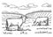 Rural landscape. Cows graze in the meadow. Hand drawn sketch. Vintage style. Black and white vector illustration isolated on white