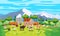 Rural Landscape farm scenery view, mountaines, green meadow, flowers, trees. Countryside nature, farm animals cow