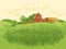 Rural landscape field wheat. Hand drawn vector Countryside landscape engraving style illustration.