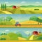 Rural landscape with fields and hills and with a farm. Agriculture and Agribusiness Farming. Rural landscape templates
