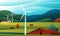 Rural landscape with fields, hills, tractor, wind turbine and barn, panorama view. Vector illustration of countryside, villages.