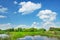 Rural landscape with flood waters of Narew river,