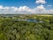 Rural landscape with forest and ponds in Russia, top view