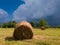 Rural landscape with hay stacks, field with roll bales near forest, domestic livestock fodder during wintertime