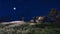 Rural landscape with houses and windmill at night