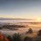 Rural landscape in Morning mist haze. Countryside at dawn in fog, aerial view. Country houses near lake in Foggy dawn.