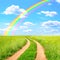 Rural landscape with old road and rainbow