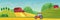 Rural landscape panorama with farm cartoon flat vector illustration concept. Panoramic Countryside fields, trees, high