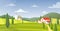 Rural landscape panorama flat vector illustration. Italy farmland buildings and green meadow at daytime. Countryside