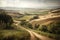 rural landscape, with rolling hills and winding roads, in the distance