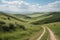 rural landscape, with rolling hills and winding roads, in the distance