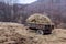 Rural landscape. Straw hay on tractor trailer at fields