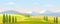 Rural landscape in summer vector illustration, cartoon flat countryside farmland scenery with green grass agricultural