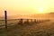 rural landscape at sunrise with wooden fence in the field in misty weather wooden fence in the field lit by rising sun in foggy