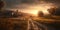 Rural landscape at sunset, calm relaxation concept, panoramic image