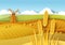 Rural landscape. Wheat fields, windmill, vector paper cut illustration. Field crop, farming, agriculture. Harvest season