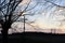 Rural landscape with willow trees and cross near a river in early spring during sunset in the evening before dusk