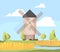 Rural landscape windmill. Farm background with growing wheat field and working windmill vector cartoon illustration
