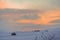 RURAL LANDSCAPE WINTER.Between Apulia and Basilicata.Sunrise: snowy hills. -ITALY-Rural snowy landscape with farmhouse.