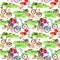 Rural landscapes - village houses, bicycle, flowers. Seamless floral pattern. Watercolor summer design