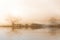 Rural misty Norfolk landscape with water reflections