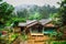 Rural mountain little village with typical Indonesian green house and and little garden