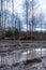 Rural muddy dirt road in late autumn after rain. Off-road, wild dirt trail with large puddles on background of agricultural