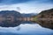 Rural Norwegian landscape with still lake water