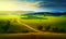 Rural pastoral summer landscape with the road running into the distance