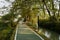 Rural path between river and ditch in plants of sunny winter aft