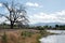 Rural pond with distant mountains in summer