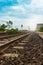 Rural railroad tracks and blue sky