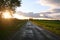 Rural road in meadows sunset as a background