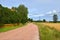 Rural road between village and fields with ripe rye. Aland Islands