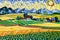 Rural Scenery Wallpaper in Cubism Painting, Farming Mosaic Tiles Art