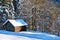 Rural shed in snowy forest, winter idyll at a sunny day