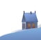 Rural small house in winter. Christmas night. Hill. Quiet winter evening. Isolated. Gable roof is covered with snow