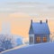 Rural small house in winter. Landscape. Sunset. Christmas evening. Quiet winter evening. The gable roof is covered with