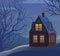 Rural small house in winter. Landscape. Trees. Christmas night. Quiet winter evening. The gable roof is covered with