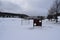 rural soccer field and goal training wall in snow