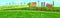 Rural spring landscape countryside with farm field with green grass, flowers, trees. Farmland with house, windmill and